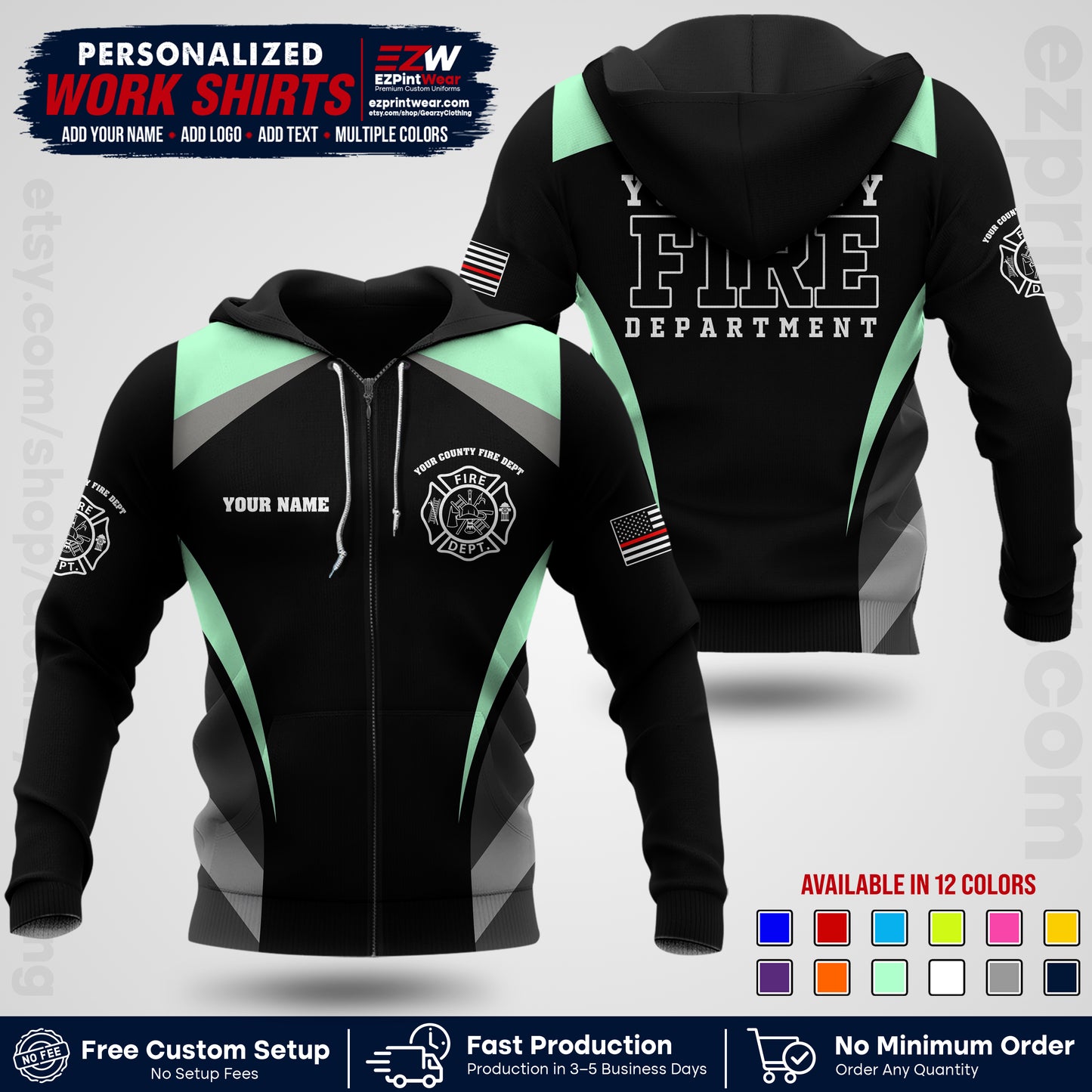 Custom Fire Department Shirt with Name, City Logo & Text | Firefighter Uniform | Button Up Work Shirt FF02