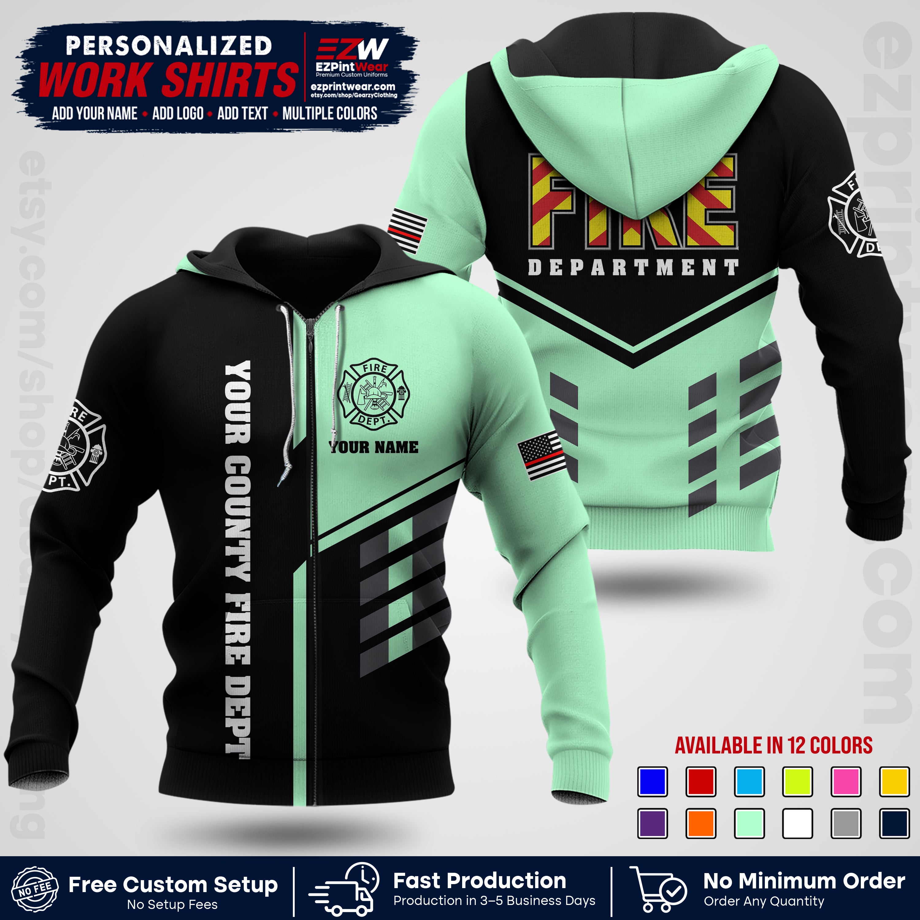 Custom Fire Department Shirt with Name, City Logo & Text | Firefighter Uniform | Button Up Work Shirt FF06