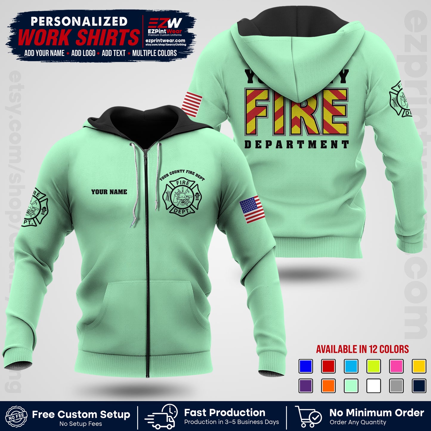 Custom Fire Department Shirt with Name, City Logo & Text | Firefighter Uniform | Button Up Work Shirt FF05