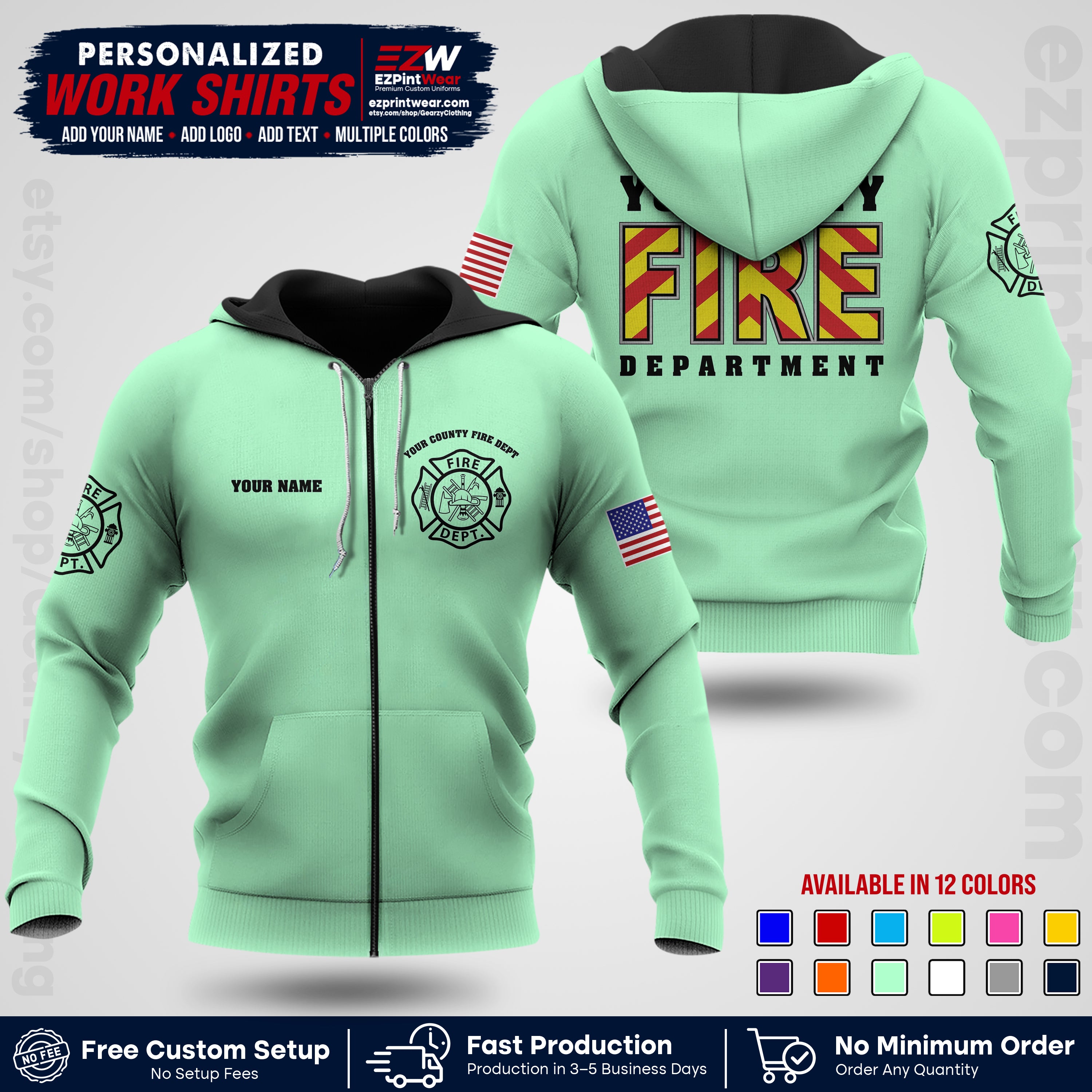 Custom Fire Department Shirt with Name, City Logo & Text | Firefighter Uniform | Button Up Work Shirt FF05