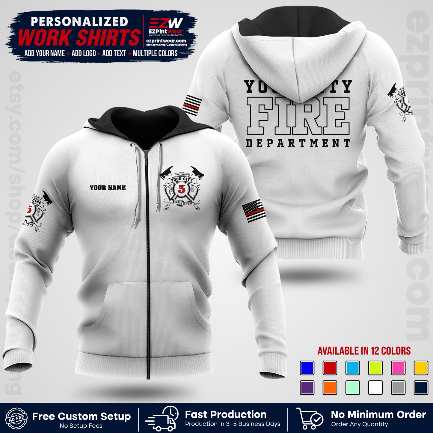 Custom Fire Department Shirt with Name, City Logo & Text | Firefighter Uniform | Button Up Work Shirt FF07