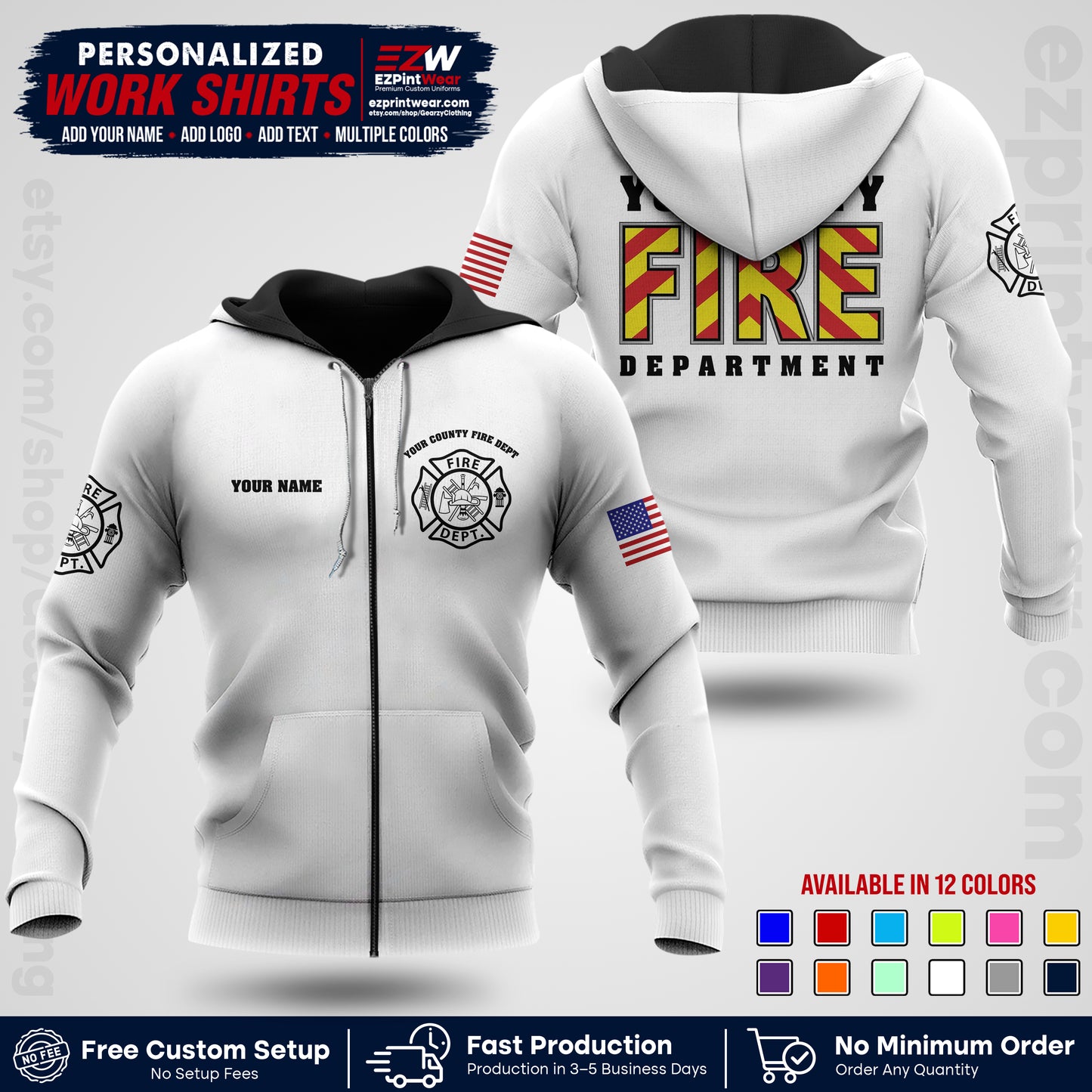 Custom Fire Department Shirt with Name, City Logo & Text | Firefighter Uniform | Button Up Work Shirt FF05