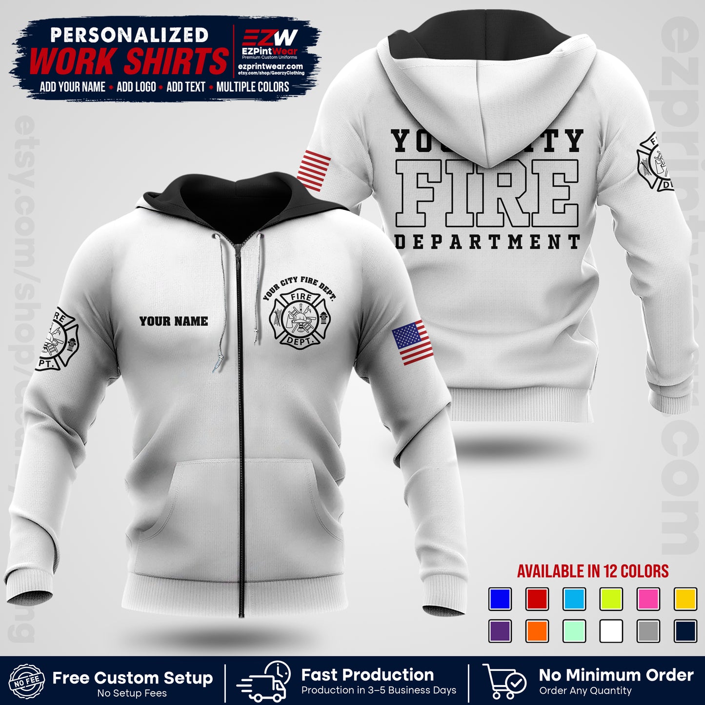Custom Fire Department Shirt with Name, City Logo & Text | Firefighter Uniform | Button Up Work Shirt FF01