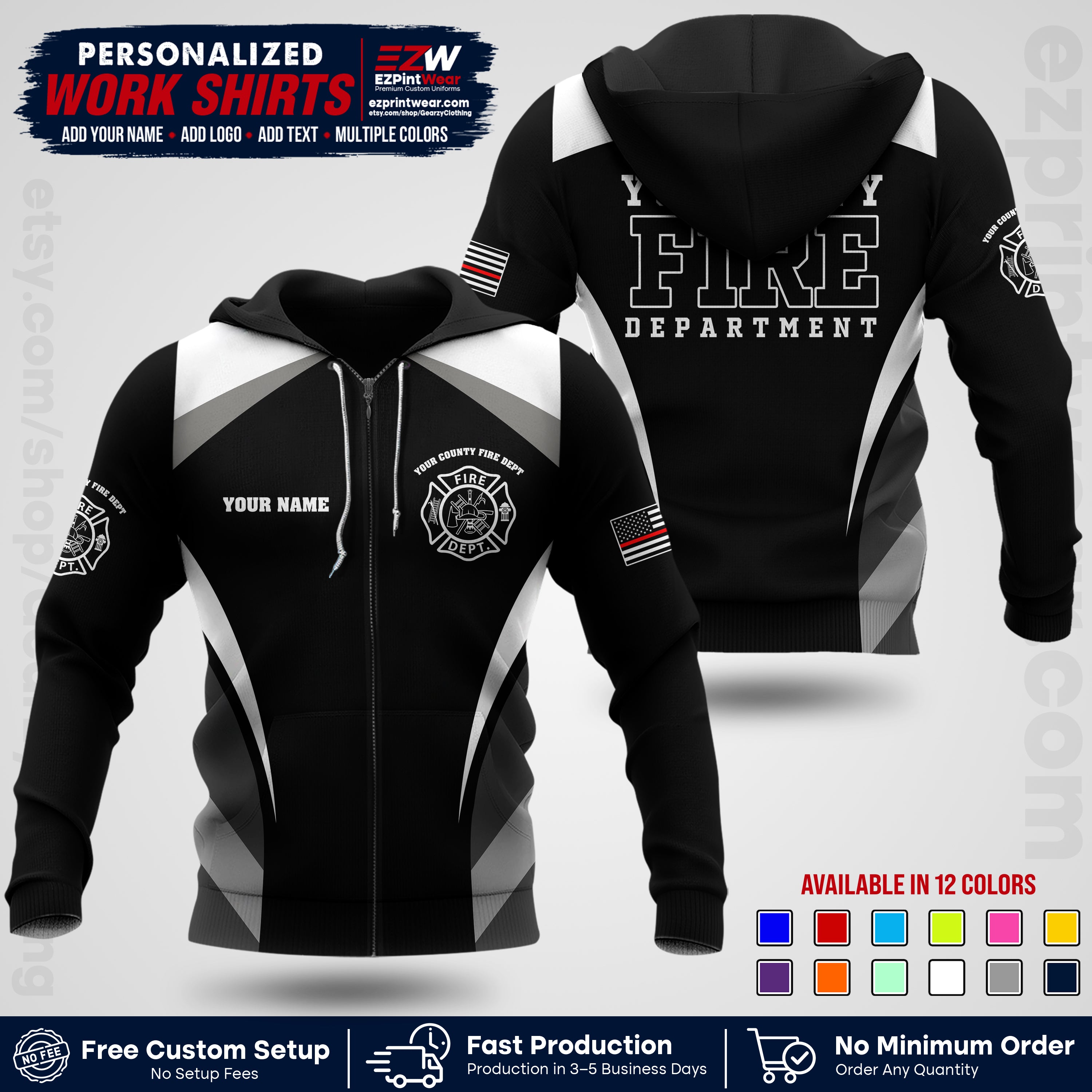 Custom Fire Department Shirt with Name, City Logo & Text | Firefighter Uniform | Button Up Work Shirt FF02