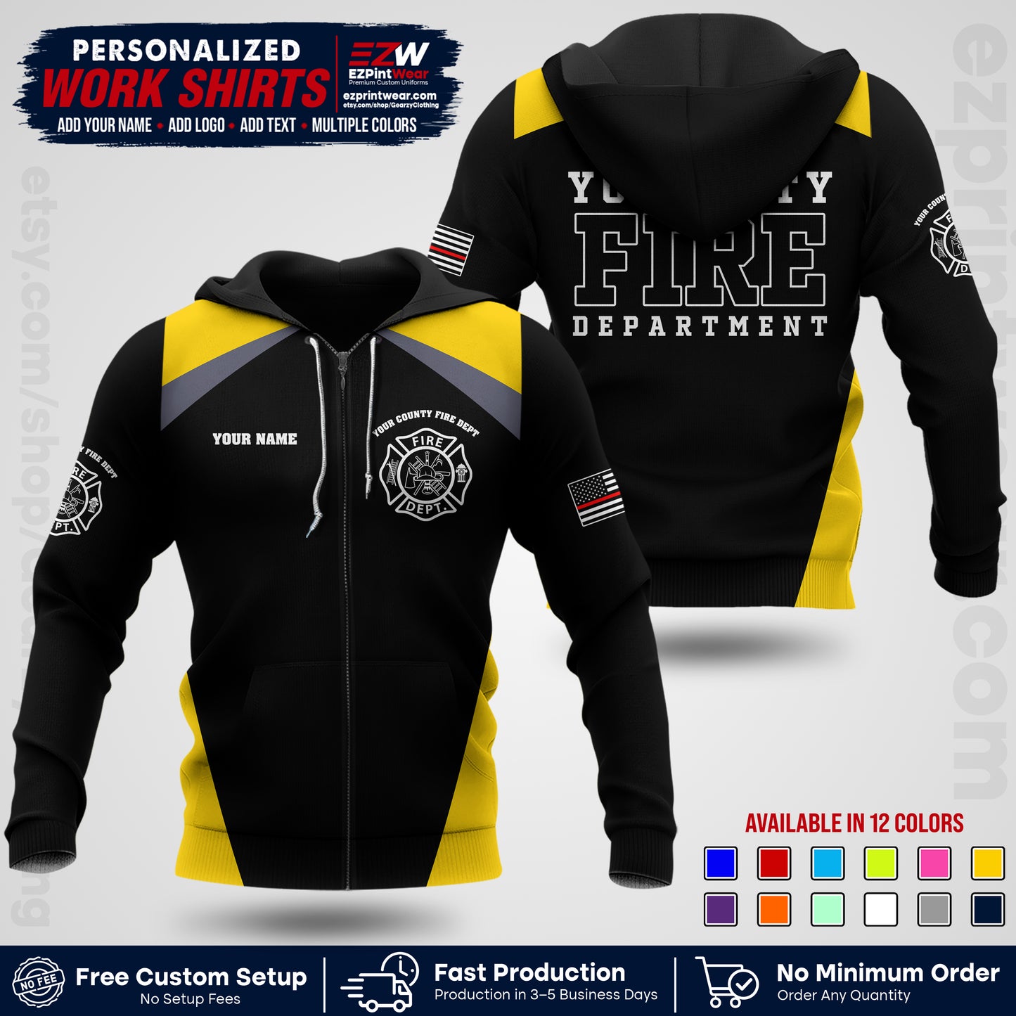 Custom Fire Department Shirt with Name, City Logo & Text | Firefighter Uniform | Button Up Work Shirt FF04