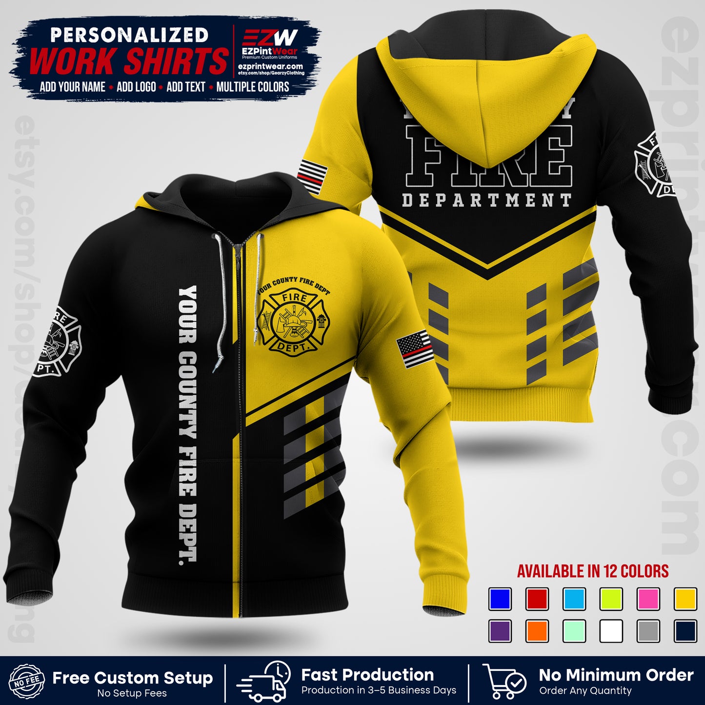 Custom Fire Department Shirt with Name, City Logo & Text | Firefighter Uniform | Button Up Work Shirt FF03