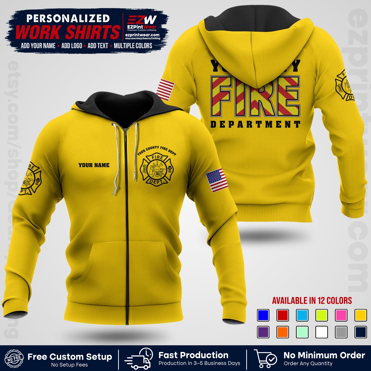 Custom Fire Department Shirt with Name, City Logo & Text | Firefighter Uniform | Button Up Work Shirt FF05