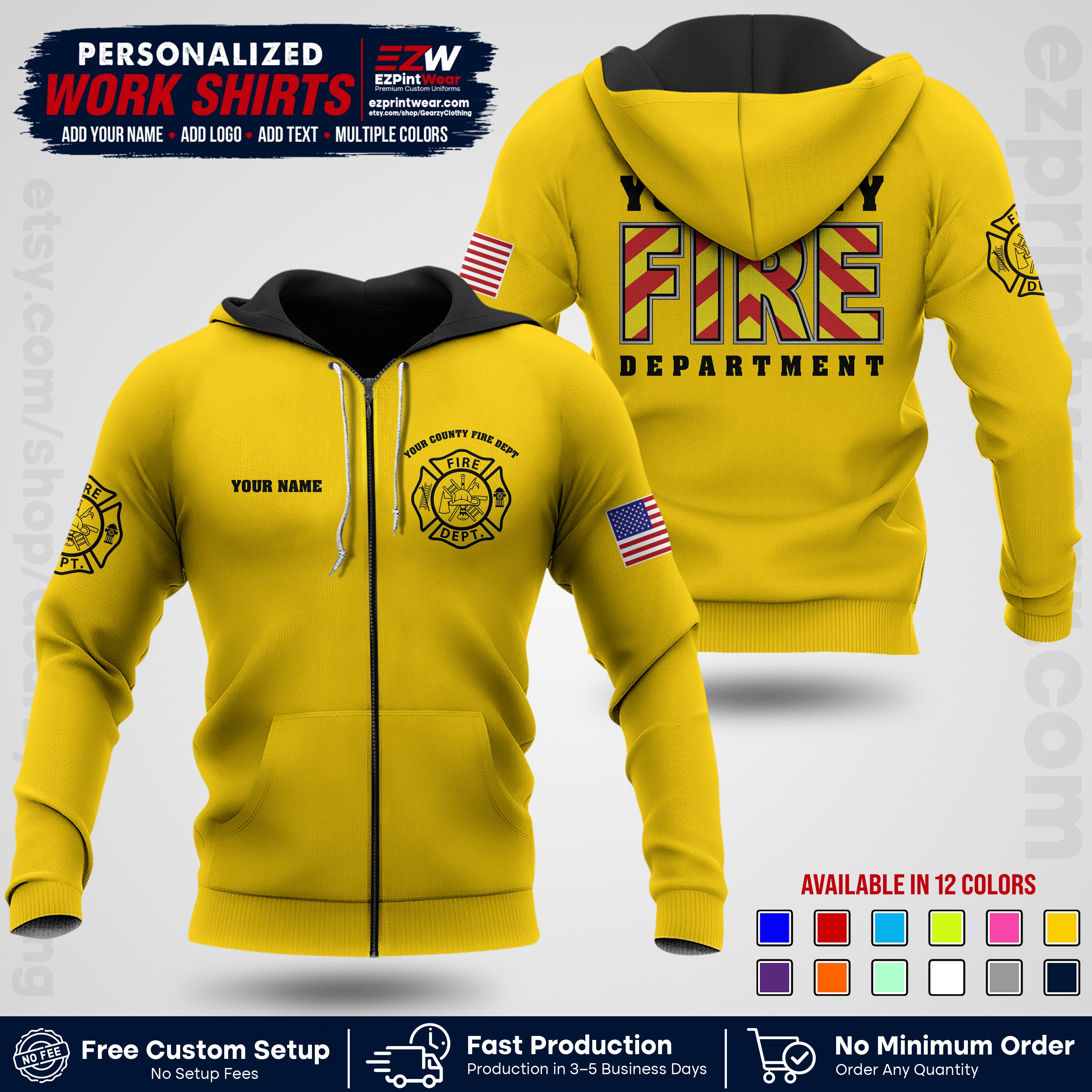 Custom Fire Department Shirt with Name, City Logo & Text | Firefighter Uniform | Button Up Work Shirt FF05