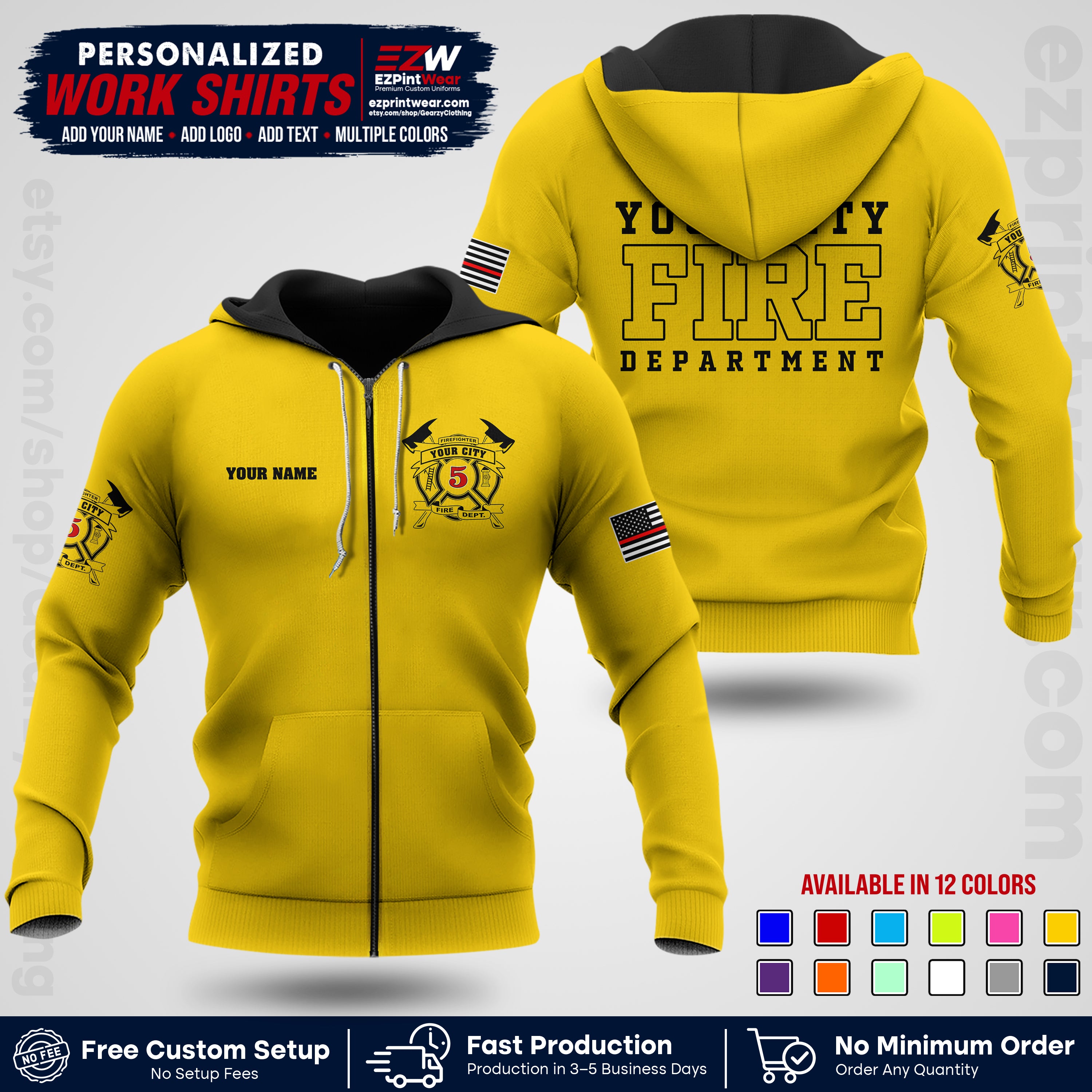Custom Fire Department Shirt with Name, City Logo & Text | Firefighter Uniform | Button Up Work Shirt FF07